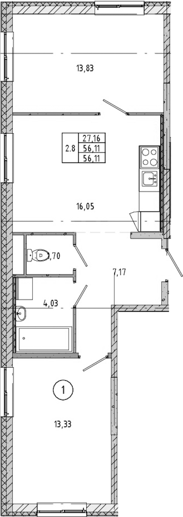 2-комнатная квартира 57.01 м², 2/17 эт., ЖК «Новые горизонты 2»